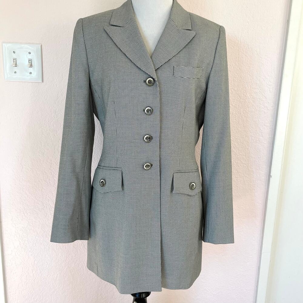 Le Suit Houndstooth Blazer Coat Tailored Longline Quiet Luxury Sz 8 Y2K Office - Picture 2 of 12